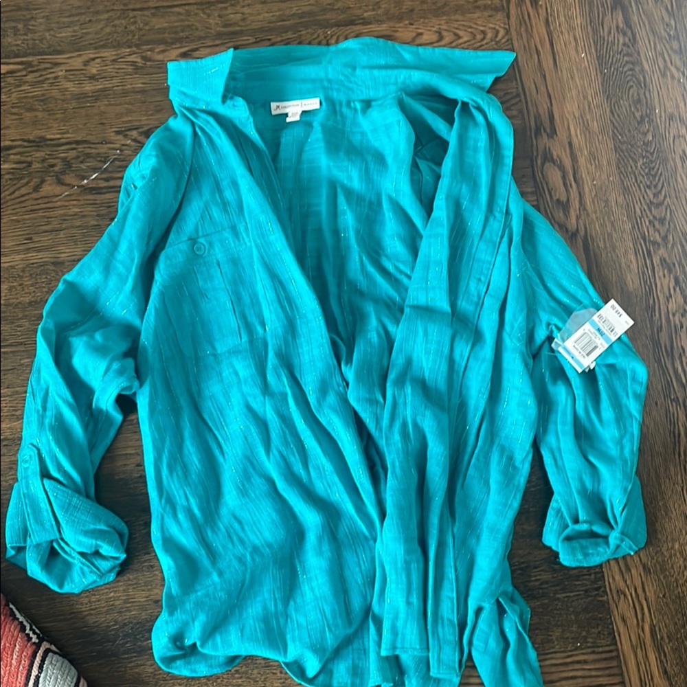 JM Collection Blue Cuffed Sleeve Wrap Blouse